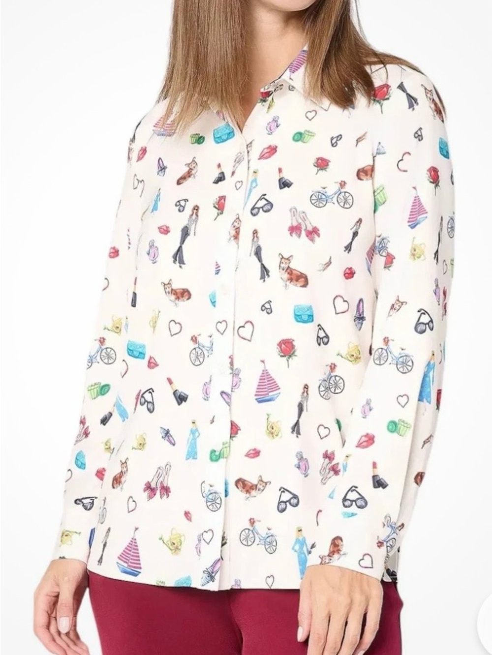 Susan Graver Ivory Top with Colorful Cosmetic and Fashion Motif